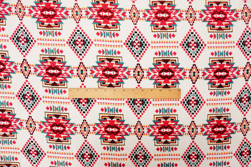 Red-White-Multi Rayon Aztec Printed Voile Woven Fabric