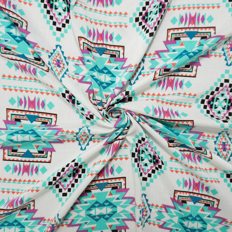 Teal-White-Multi Rayon Aztec Printed Voile Woven Fabric