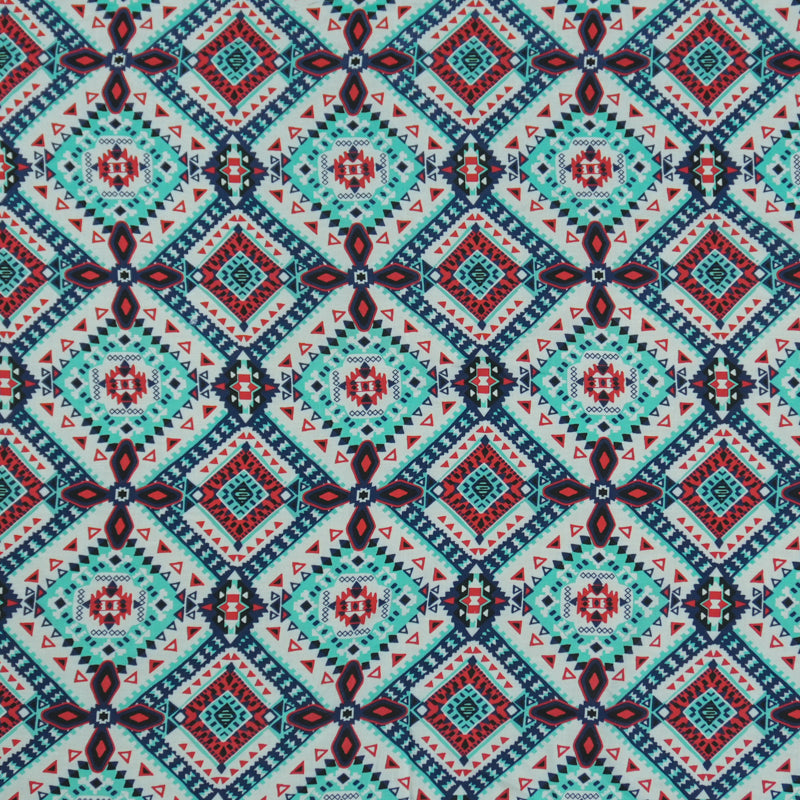 Teal-Red-Multi Rayon Aztec Printed Voile Woven Fabric