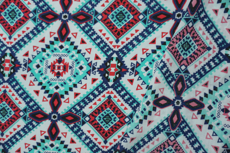 Teal-Red-Multi Rayon Aztec Printed Voile Woven Fabric