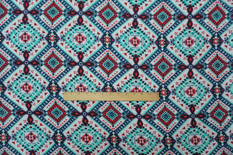 Teal-Red-Multi Rayon Aztec Printed Voile Woven Fabric