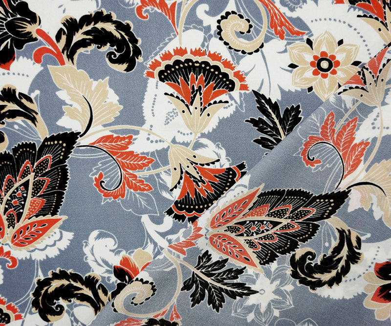 Gray-White-Multi Poly Floral Printed Crepe Woven Fabric