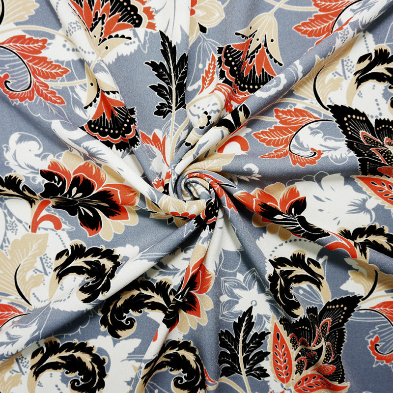 Gray-White-Multi Poly Floral Printed Crepe Woven Fabric