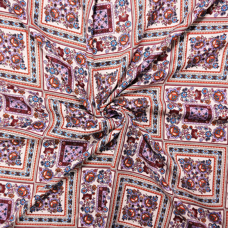 Ivory-Purple-Multi Rayon Floral Tile Printed Twill Woven Fabric