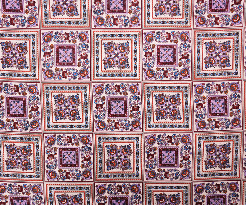 Ivory-Purple-Multi Rayon Floral Tile Printed Twill Woven Fabric