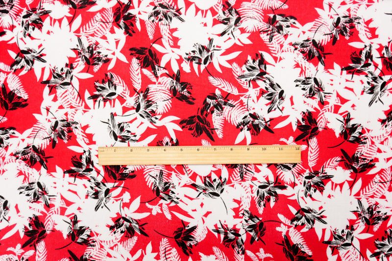 Red-White-Black Rayon Floral Printed Crepe Woven Fabric