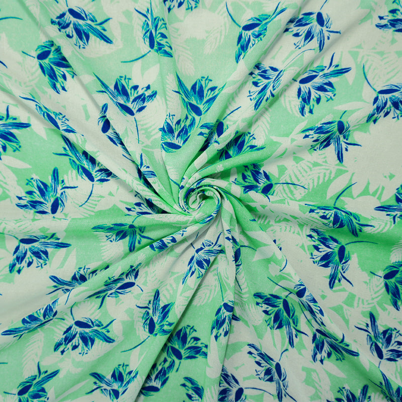 Teal-White-Blue Rayon Floral Printed Crepe Woven Fabric