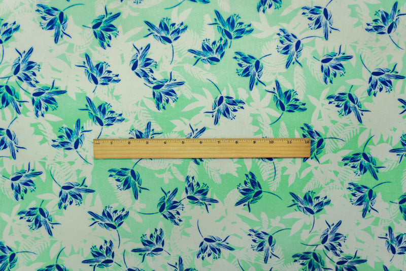 Teal-White-Blue Rayon Floral Printed Crepe Woven Fabric