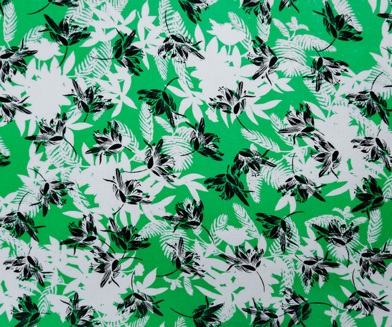 Green-White-Black Rayon Floral Printed Crepe Woven Fabric