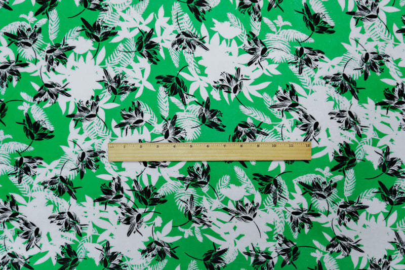 Green-White-Black Rayon Floral Printed Crepe Woven Fabric