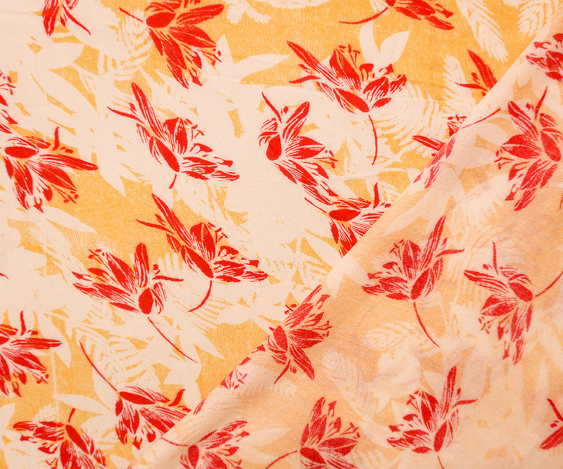 Orange-White-Red Rayon Floral Printed Crepe Woven Fabric