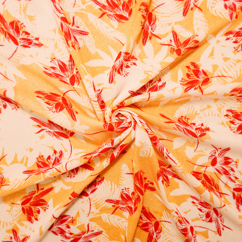 Orange-White-Red Rayon Floral Printed Crepe Woven Fabric
