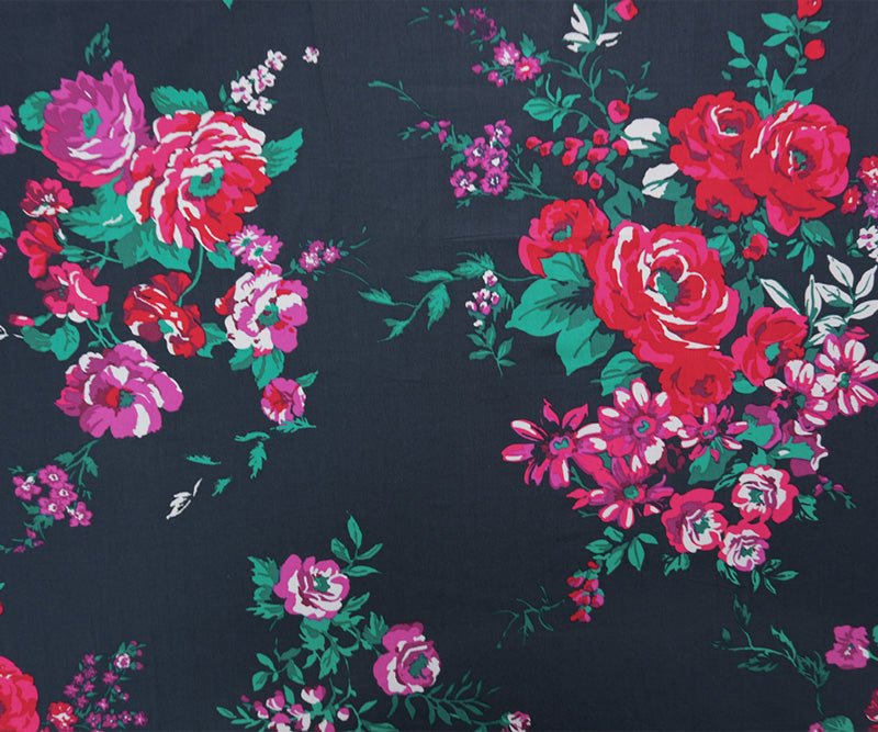 Blue-Red-Multi Cotton Floral Printed Poplin Woven Fabric
