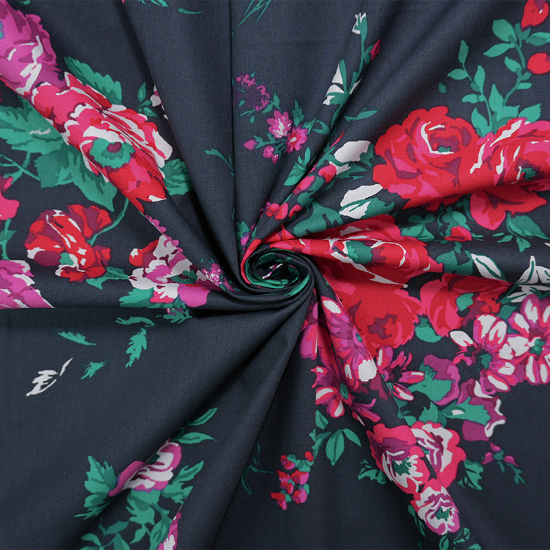Blue-Red-Multi Cotton Floral Printed Poplin Woven Fabric