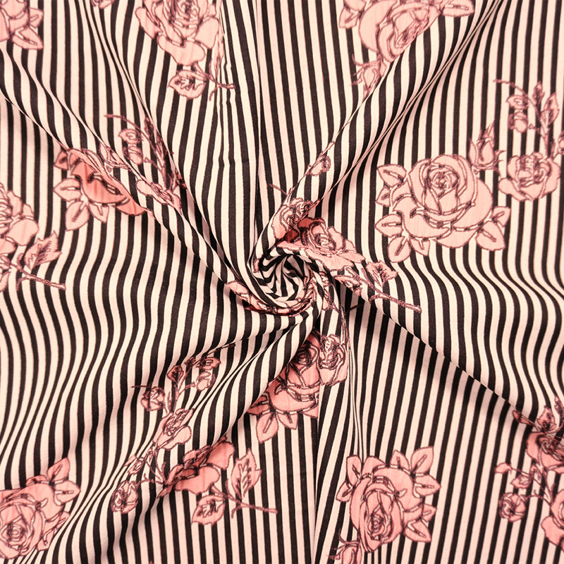 Black-Pink Poly Stripe Floral Matelasse Double Woven Fabric