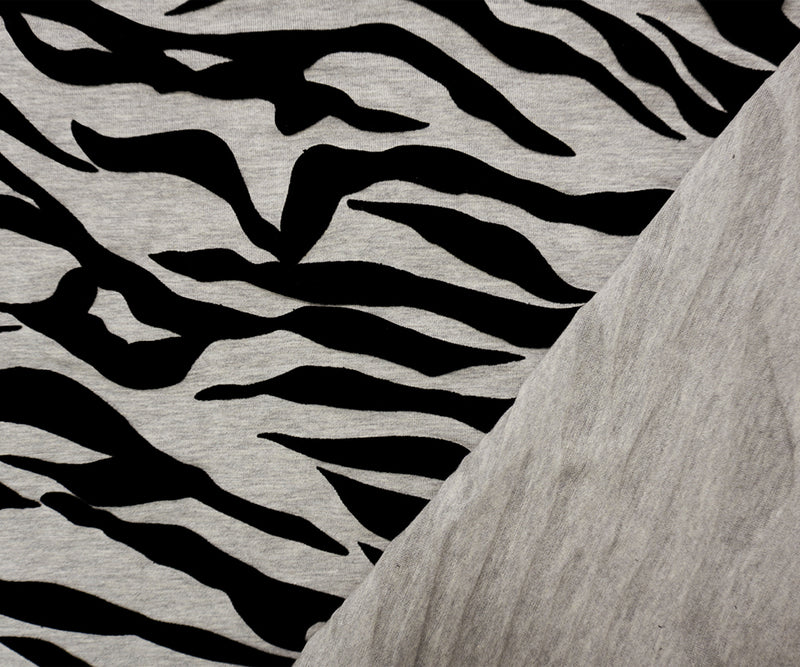 1 3/4 YD PC-Black Cotton Blend Tiger Velvet Flock Printed Jersey Knit Fabric