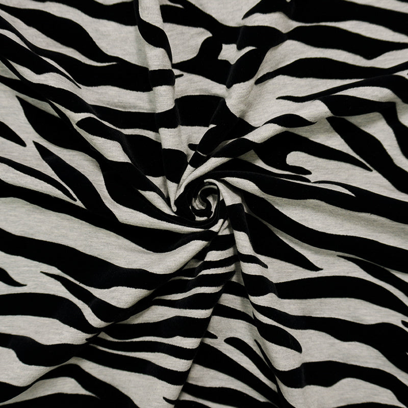 1 3/4 YD PC-Black Cotton Blend Tiger Velvet Flock Printed Jersey Knit Fabric