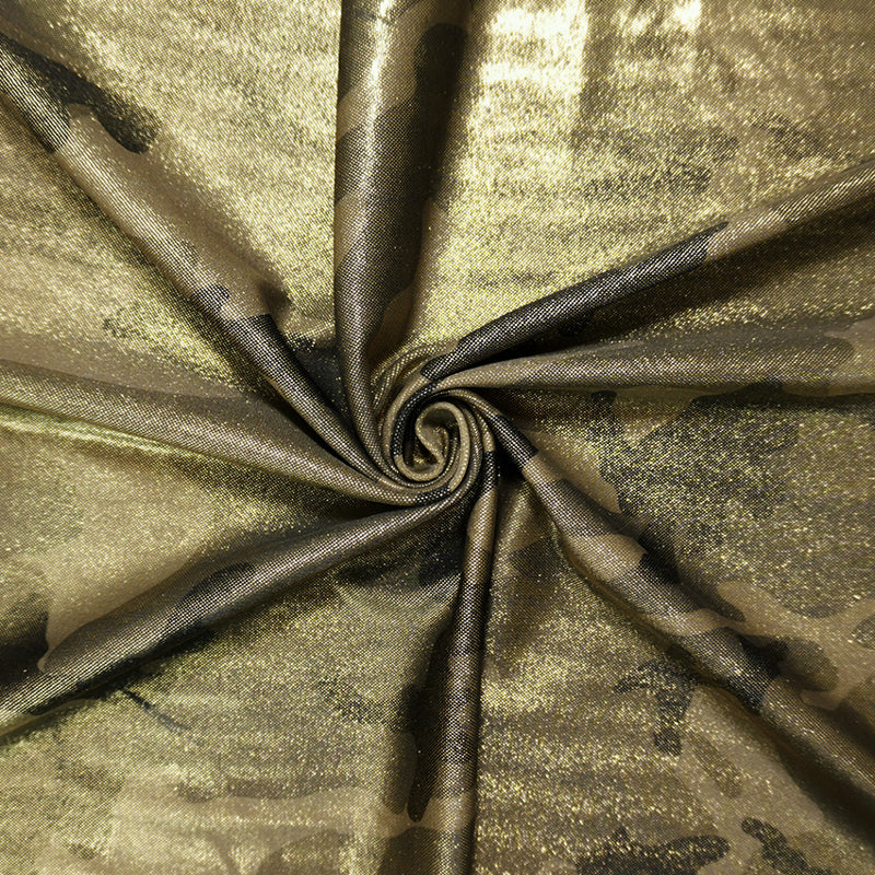 Gold Famous Maker Nylon Camo Foil Printed Tricot Knit Fabric