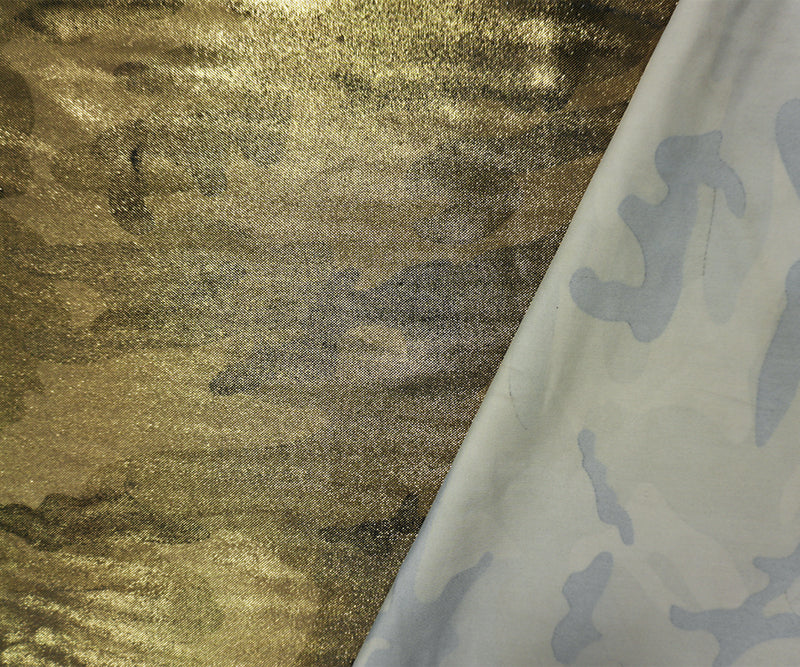 Gold Famous Maker Nylon Camo Foil Printed Tricot Knit Fabric