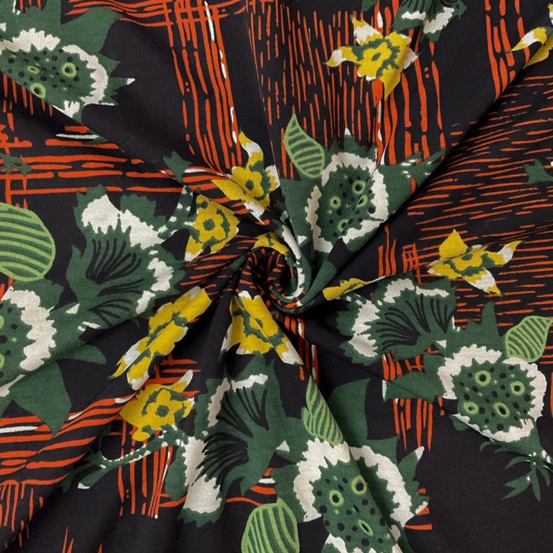 Black-Green-Multi Poly Stretch Floral Printed Jersey Knit Fabric