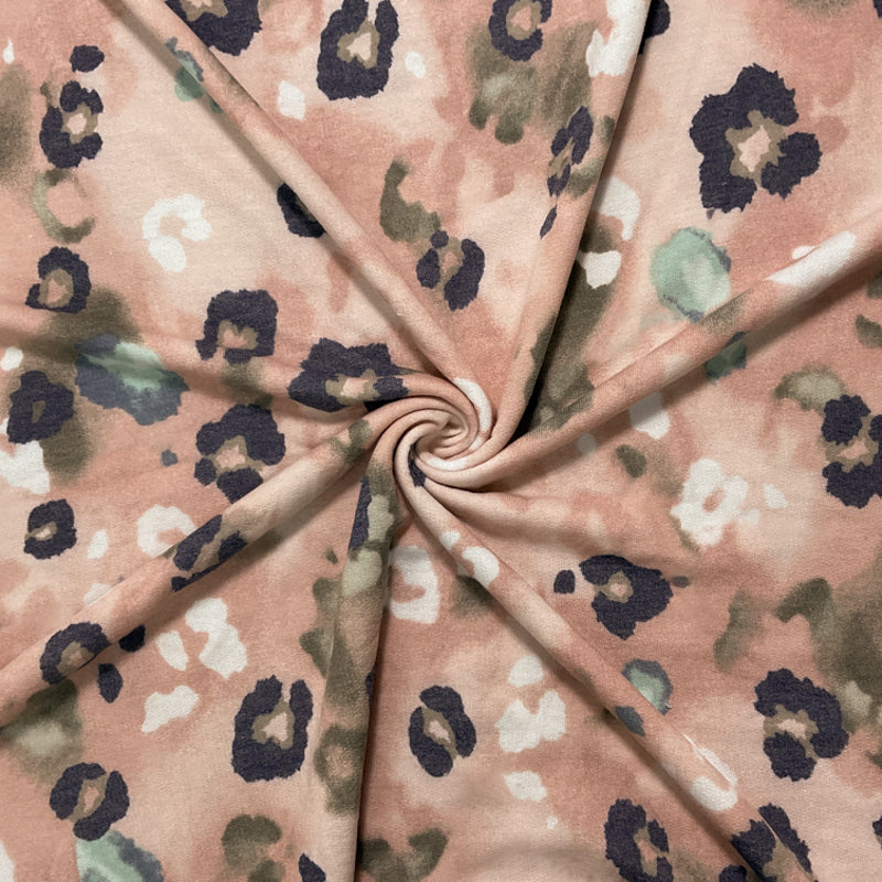 2 YD PC-Coral-Multi Poly Rayon Leopard French Terry Knit Fabric