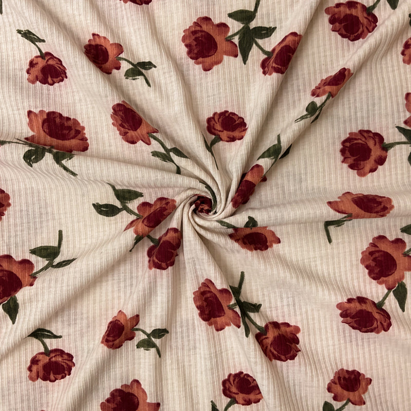 2 3/4 YD PC-Beige-Red Poly Spandex Stretch Floral Printed Rib Knit Fabric