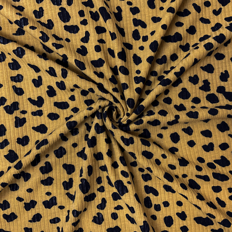 Yellow-Navy Poly Stretch Cheetah Printed Brush Rib Knit Fabric