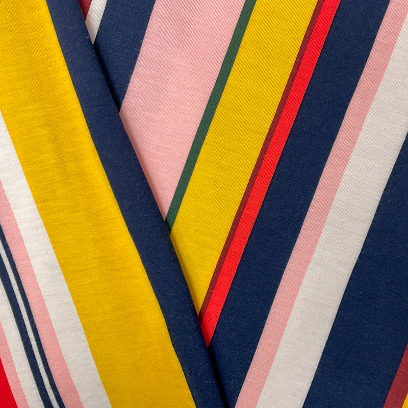 Yellow-Navy-Multi Rayon Stretch Stripe Printed Jersey Knit Fabric
