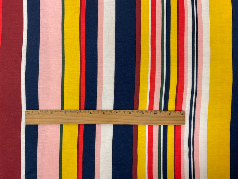 Yellow-Navy-Multi Rayon Stretch Stripe Printed Jersey Knit Fabric
