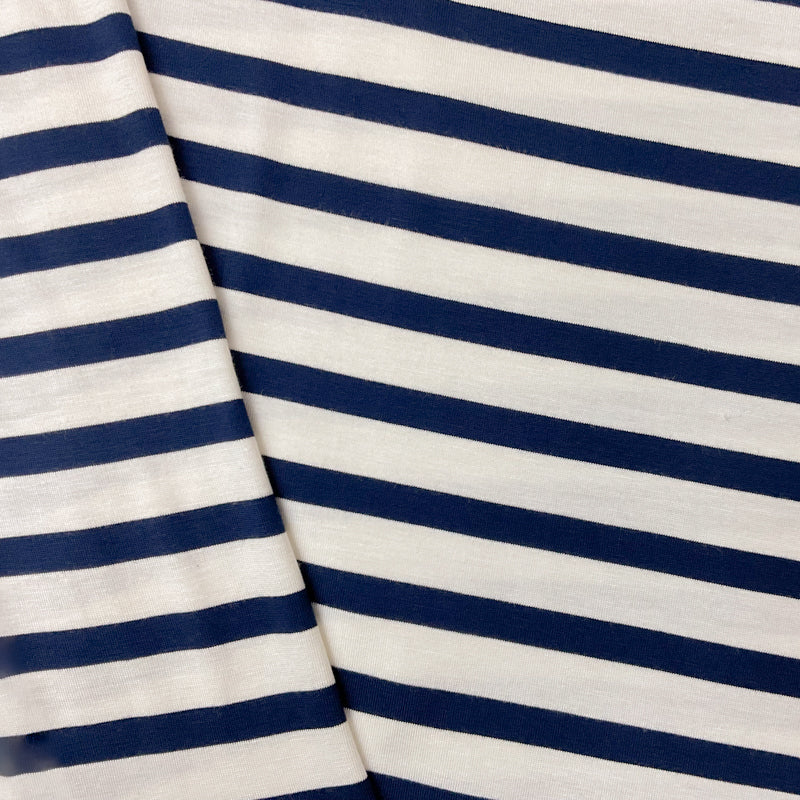 Navy-White Rayon Spandex Stretch Stripe Jersey Knit Fabric