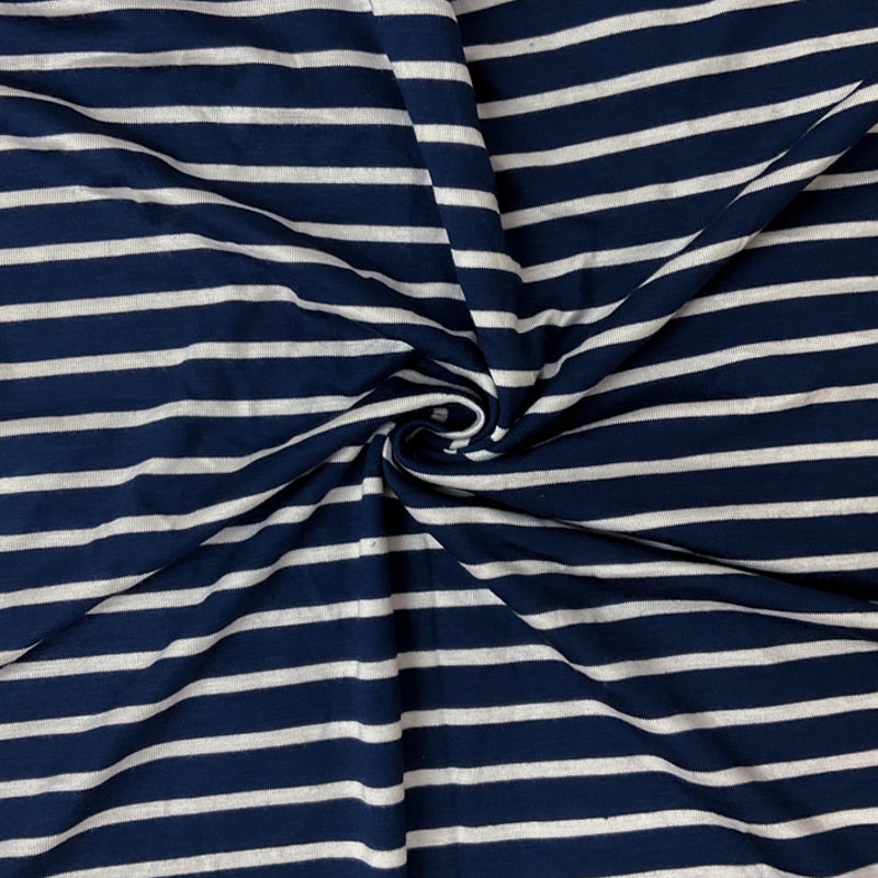 2 3/4 YD PC-Navy-White Rayon Spandex Stripe Jersey Knit Fabric