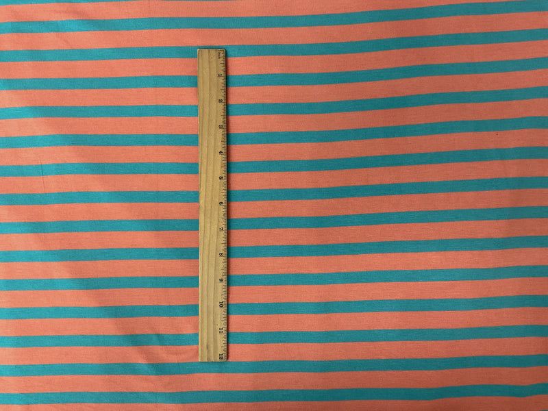 4 1/4 YD PC-Coral-Turquoise Rayon Spandex Stripe Jersey Knit Fabric