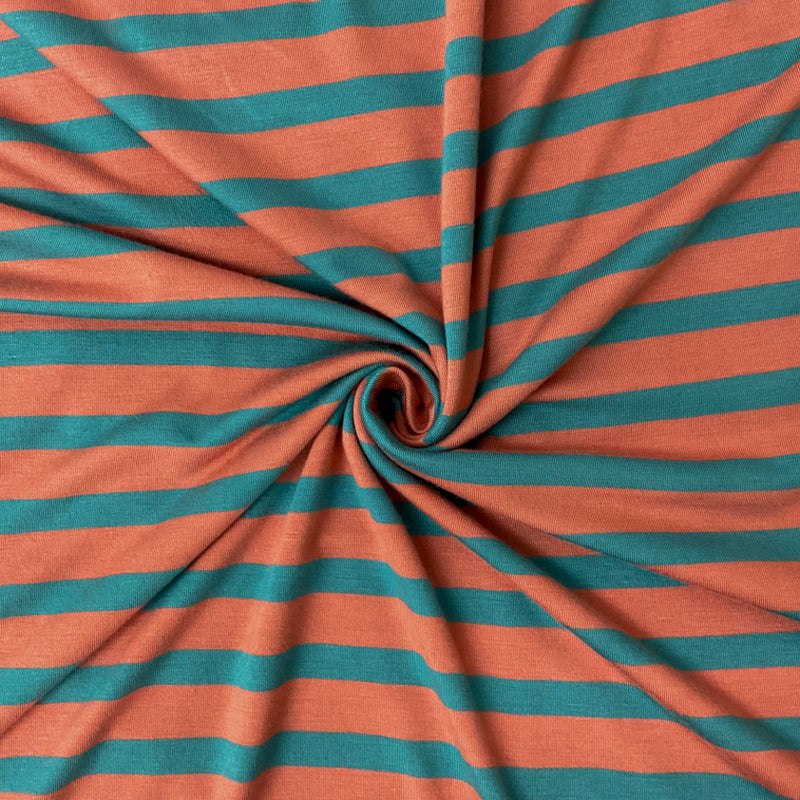 4 1/4 YD PC-Coral-Turquoise Rayon Spandex Stripe Jersey Knit Fabric