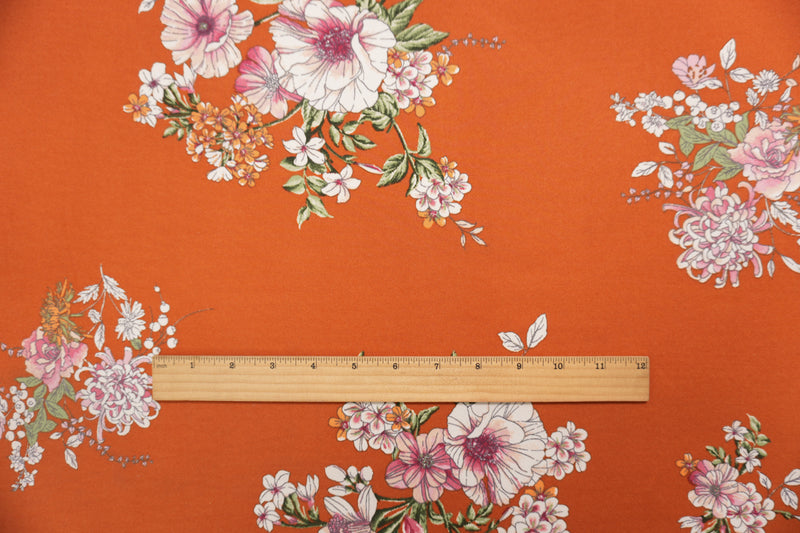 Orange-Multi Poly Floral Double Brushed Jersey Knit Fabric