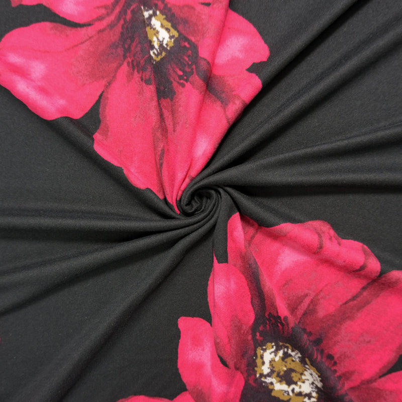 Black-Red-Multi Poly Floral Double Brushed Jersey Knit Fabric