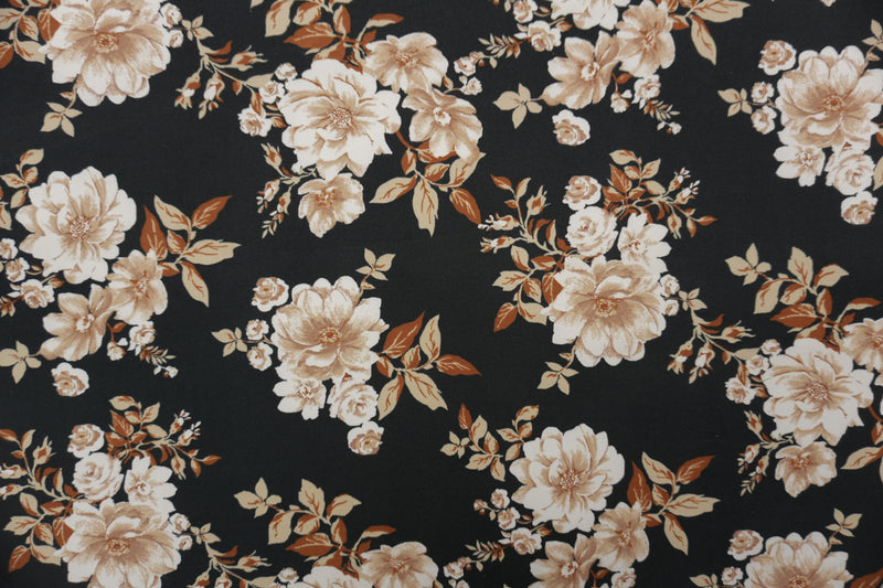Black-Brown-Multi Poly Spandex Floral Printed Double Brushed Jersey Knit Fabric