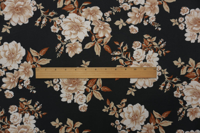 Black-Brown-Multi Poly Spandex Floral Printed Double Brushed Jersey Knit Fabric