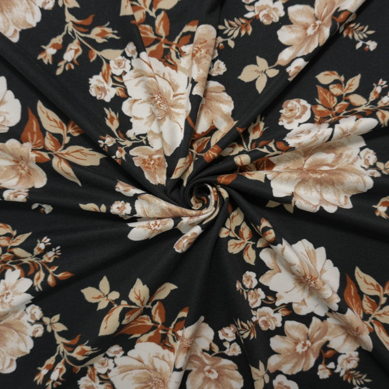 Black-Brown-Multi Poly Spandex Floral Printed Double Brushed Jersey Knit Fabric