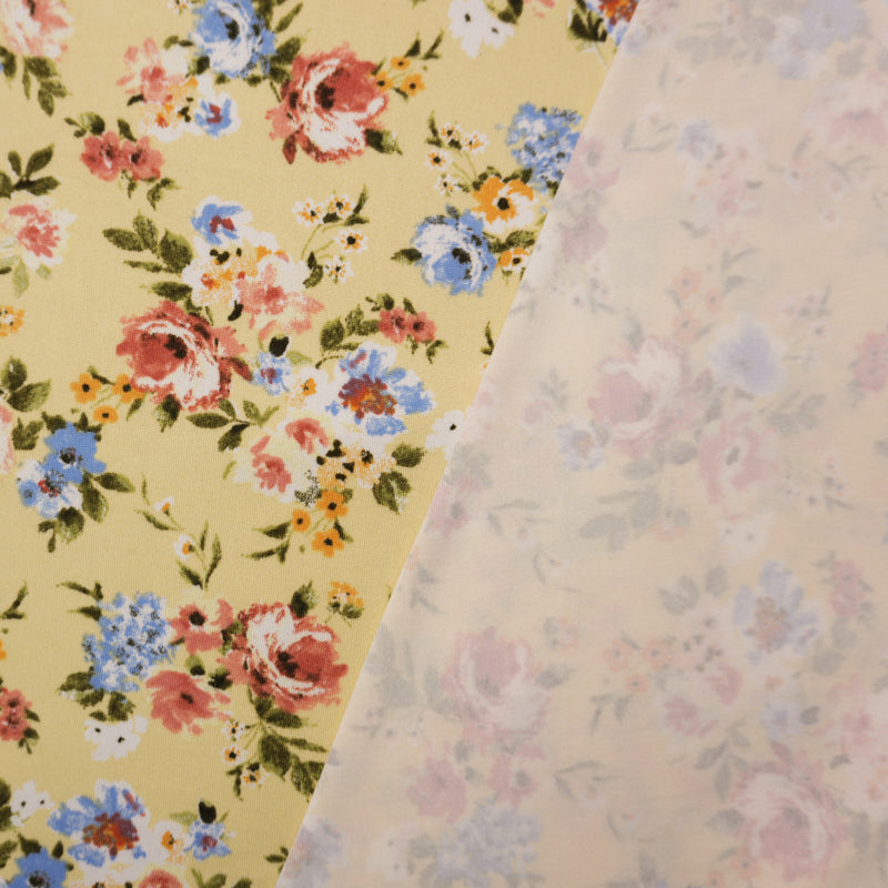 Yellow-Coral-Multi Poly Floral Double Brushed Jersey Knit Fabric