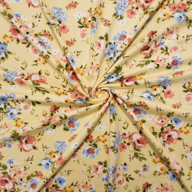 Yellow-Coral-Multi Poly Floral Double Brushed Jersey Knit Fabric