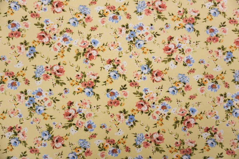 Yellow-Coral-Multi Poly Floral Double Brushed Jersey Knit Fabric