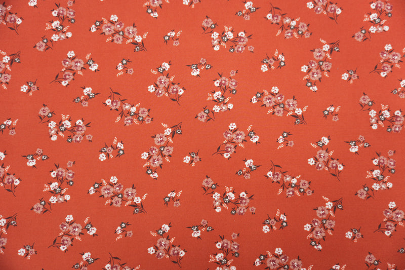 Red-Orange-Multi Poly Floral Double Brushed Jersey Knit Fabric