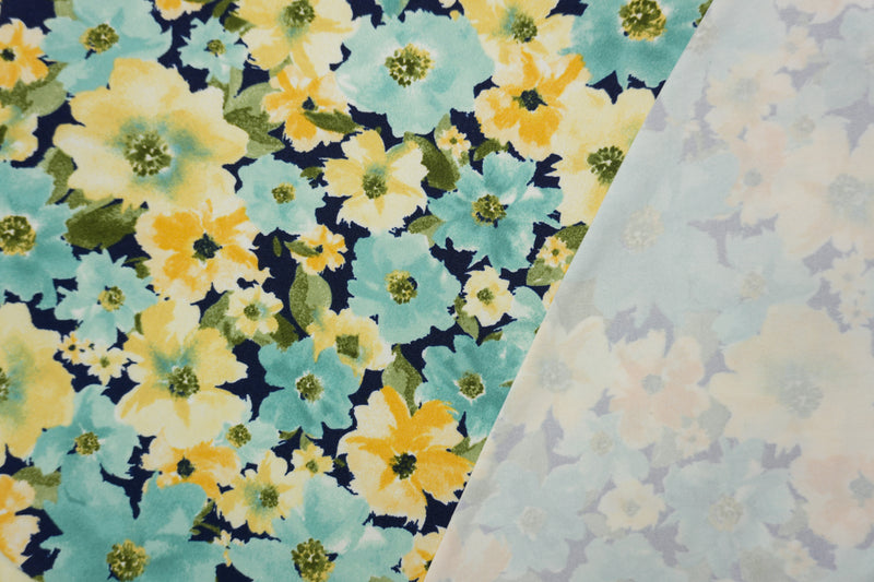 Navy-Teal-Multi Poly Floral Double Brushed Jersey Knit Fabric