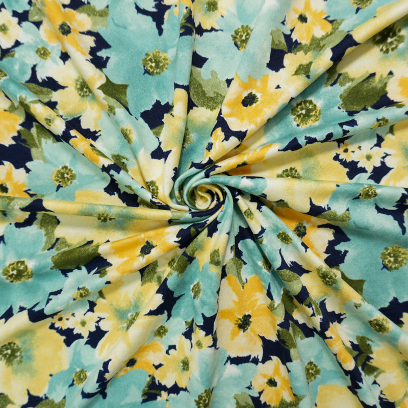 Navy-Teal-Multi Poly Floral Double Brushed Jersey Knit Fabric