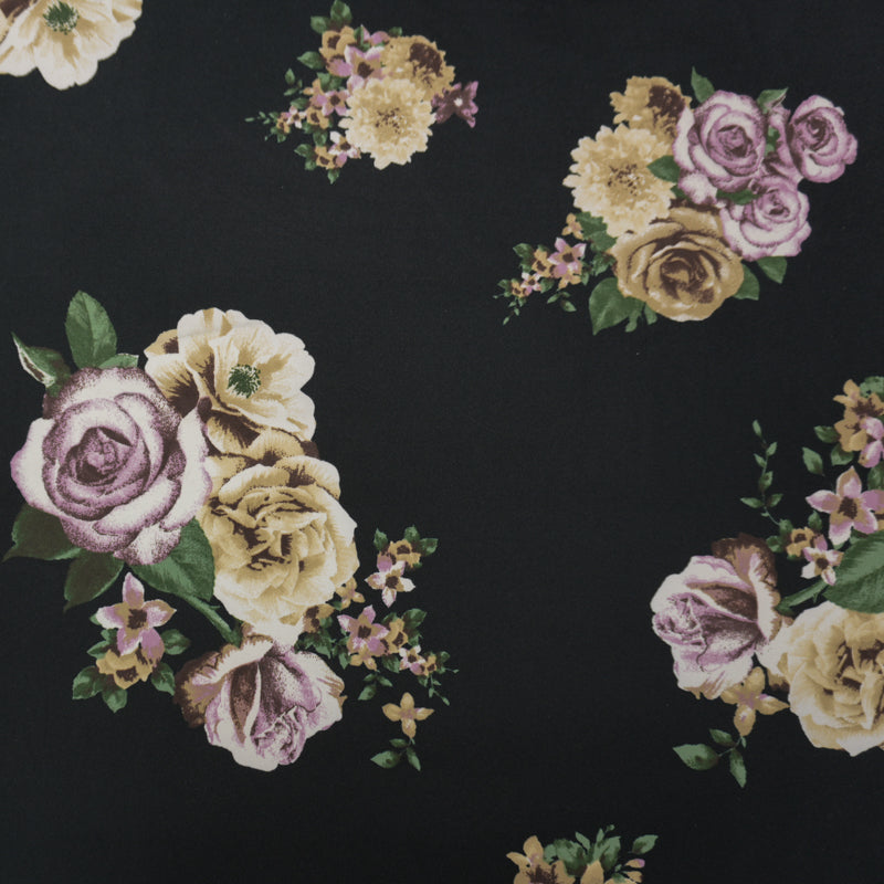 Black-Purple-Multi Poly Floral Double Brushed Jersey Knit Fabric