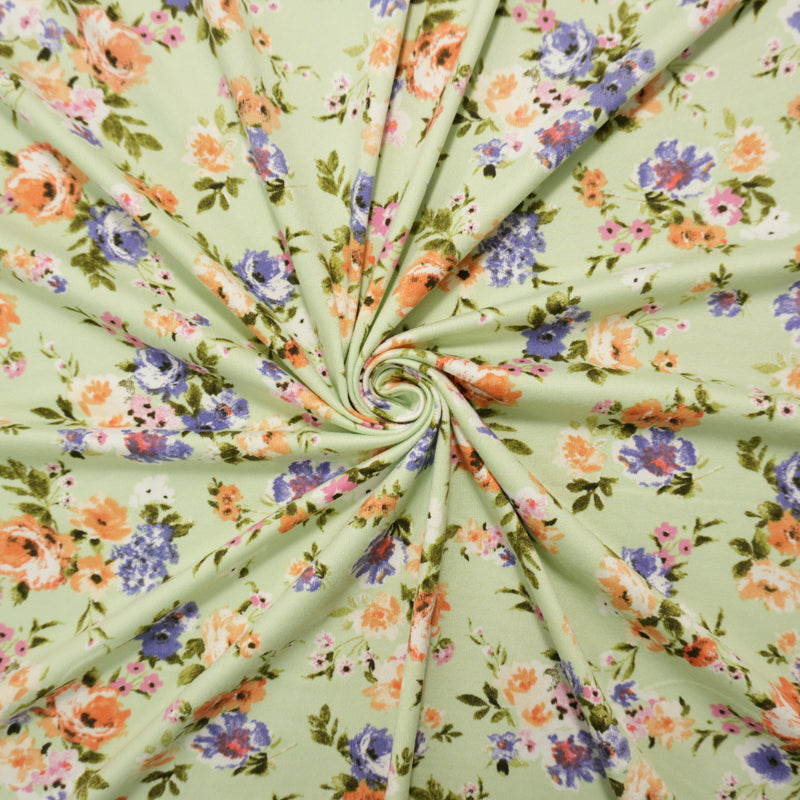 Green-Purple-Multi Poly Floral Double Brushed Jersey Knit Fabric