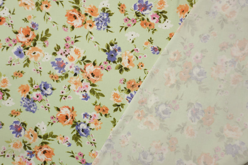 Green-Purple-Multi Poly Floral Double Brushed Jersey Knit Fabric