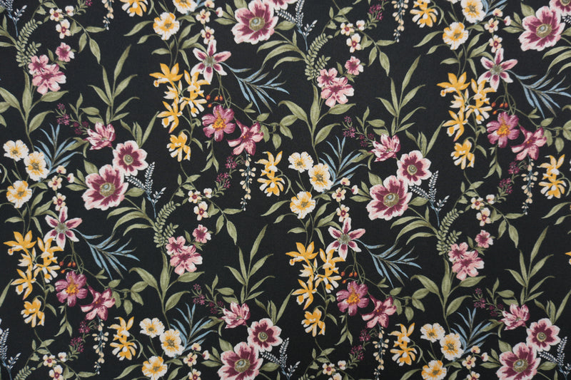 Black-Pink-Multi Poly Floral Printed Double Brushed Jersey Knit Fabric