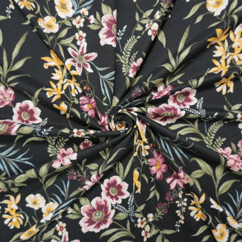 Black-Pink-Multi Poly Floral Printed Double Brushed Jersey Knit Fabric