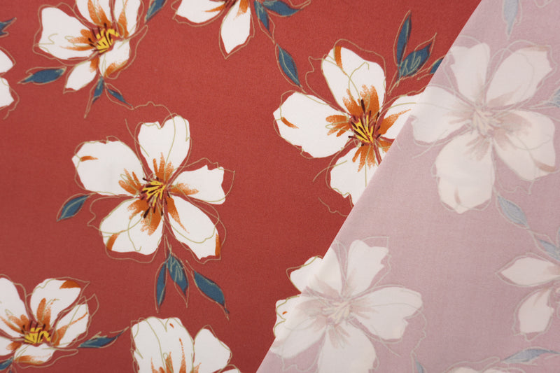Red-Orange-Multi Poly Floral Printed Double Brushed Jersey Knit Fabric